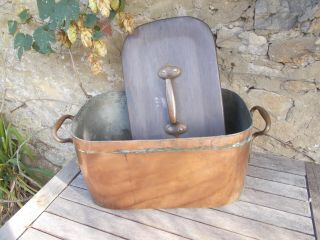 antique copper& brass pan with lid,  very heavy,  French,  casserole 3