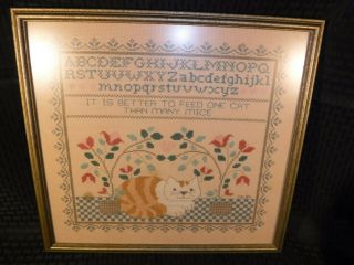 Vintage Cross Stitch Sampler - Professionally Framed - Orange Cat - Signed Csl 84