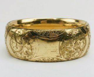 Antique Victorian 1” Wide Gold Filled No Mono Floral Etched Bangle Bracelet