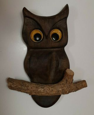 Vintage Mcm Carved Wood Owl On Branch 7.  5 " Yellow Metal Eyes Boho Wall Art