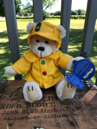 Vtg Brass Button Teddy Bear Harper Of Wealth Jointed Stuffed Plush Raincoat 11 "