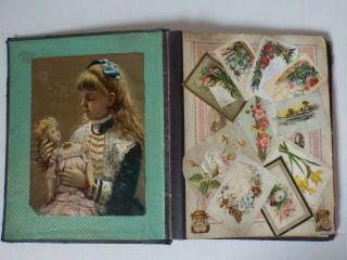Antique 1880 - 90 Victorian Scrapbook Album W/ Die Cuts Trade Cards Prints 30 Pgs.