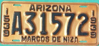 1939 Arizona Marcos De Niza License Plate Gas Oil Sign