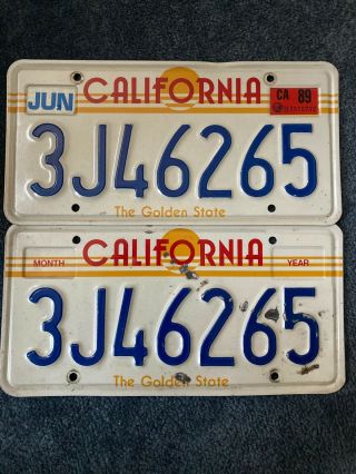 1989 California Ca License Plate Sun Golden State Pair 1980’s Set Tags Vintage