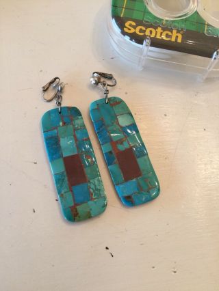 Stunning Vintage Turquoise Sterling Silver Earrings Mid Century Modern Mosaic