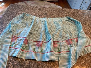 Vintage Turquoise Gingham Half Apron With Red Cross Stitched Tulips