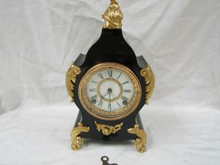 Stunning Antique Ansonia Enameled Cast Iron Chiming Mantle Clock Good Running