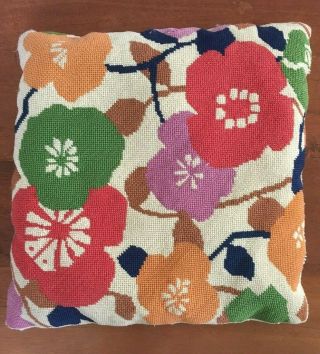 Vintage 1960s Mod Multicolor Floral Embroidered Needlepoint Wool Pillow - 16 "