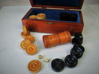 Antique Backgammon Chekers Counters Set Of 30,  Dice Shaker And Box