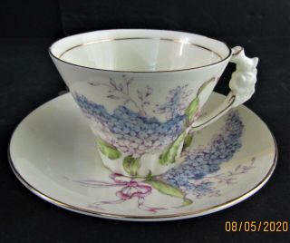 Scarce Paragon Blue Lilac Cup And Saucer - X 2865 - Pink Ribbon