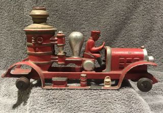 Antique Kenton Toys Cast Iron Fire Pump Truck Toy With Driver 10.  5in