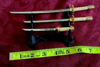 Vintage - Mini Samurai Sword Letter Openers - Set Of 3 With Stand