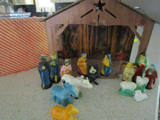Vtg 18pc Nativity Figures Scene Made In Japan W/box & Creche
