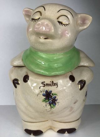 Vintage Smiley Pig Cookie Jar Green Scarf Collectible Flowers