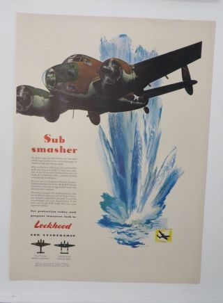 Print Ad 1943 Lockheed Sub Smasher Vintage Artwork