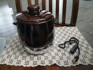Vintage West Bend Brown Crock Stoneware Bean Pot W/ Electric Heat Rite Base