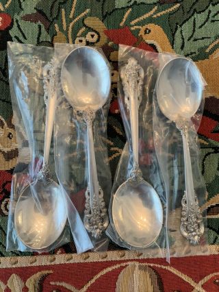 Set Of 4 Wallace Sterling Silver Grande Baroque Cream Soup Spoons In Plastic