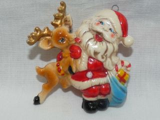 Vintage Christmas Blow Mold Santa And Reindeer Ornament Japan 3 - 3/8 "
