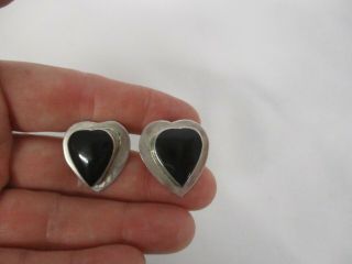 Vintage Mexico 925 Sterling Silver Black Onyx Heart Pierced Earrings