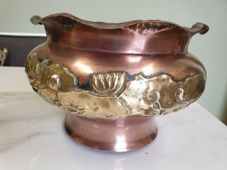 Antique Victorian Arts And Crafts Copper Brass Frog Decorated Planter Plant Pot