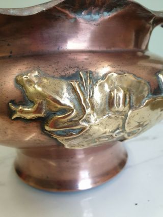 antique victorian arts and crafts copper brass frog decorated planter plant pot 2
