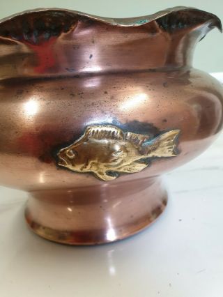 antique victorian arts and crafts copper brass frog decorated planter plant pot 3