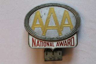 Vintage Aaa National Award Automobile Badge Emblem W/ Hardware - License Topper