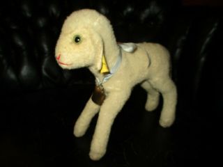 8 1/2 " Tall Vintage Steiff Lamb With Button,  Flag & Bell