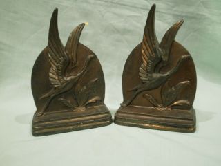 Vintage Pair Art Deco Bronze Flying Crane Bookends
