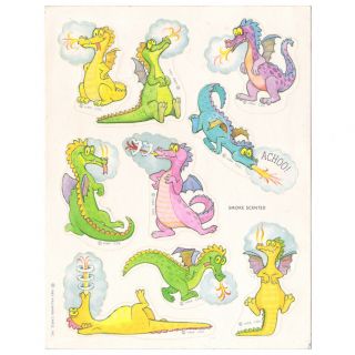 Vintage Hallmark Silly Scents Scratch And Sniff Stickers 1983 Smoke Dragon Sheet