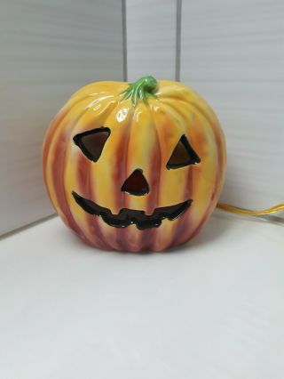 Vtg Relpo Ceramic Pumpkin Lighted Halloween Jack O Lantern Planter Samson Import