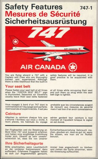 Safety Card Air Canada Boeing 747 - 100 Thick Cardboard Folder March 1971