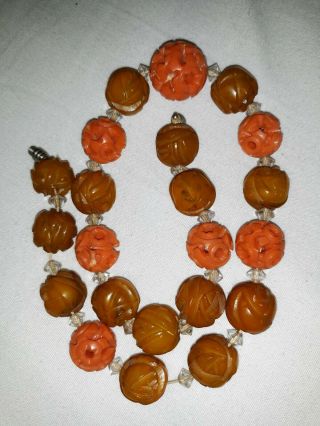 Vintage Carved Butterscotch Bakelite And Orange Bead Jewelry Necklace