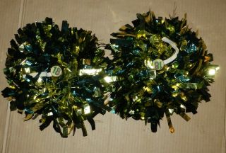 Vintage Pair Cheerleader Pom - Poms Metallic Green Gold Cheer Dance Handle 9 " Wide
