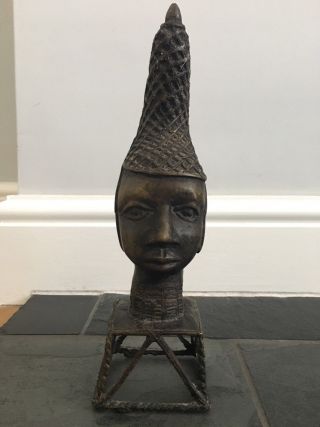 Antique Old African Tribal Bronze Ife Female Head Statue