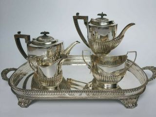 Antique Art Deco 30s English Silver Teapot Coffee Pot 6 Piece Set With Tray