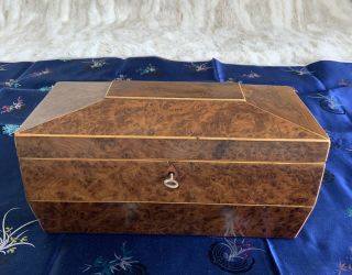 Burr Yew 3 Compartment Tea Caddy With Lock And Key
