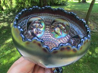 Fenton Horse Medallion Antique Carnival Art Glass Rose Bowl Blue One
