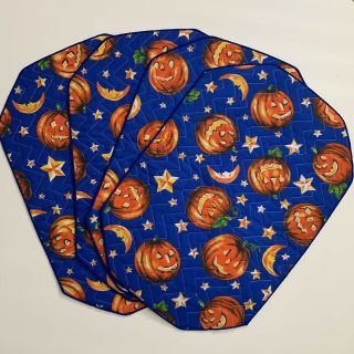 Vintage Halloween Fabric Placemats,  Pumpkins,  Moons & Stars,  4 - Piece Set