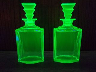 Antique Art Deco Pair Moser Uranium Glass Decanters / Perfume Bottles Vaseline