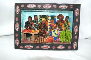 Vtg Caribbean Island Folk Art Diorama Jamaica Shadow Box Family Eating