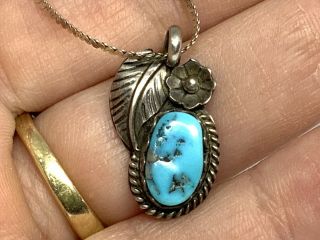 Vintage Old Pawn Navajo Sterling Turquoise Small Blossom Pendant 24” Necklace