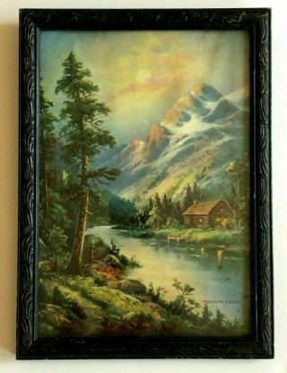Vintage Framed Art Print " Peaceful Valley " Cabin Mountains Stream Circa 1940 
