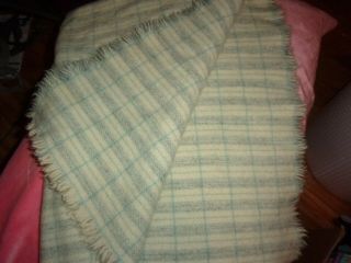 Vintage Wool Baby Blanket With Fringe,  White,  Gray,  Blue Price Lowered