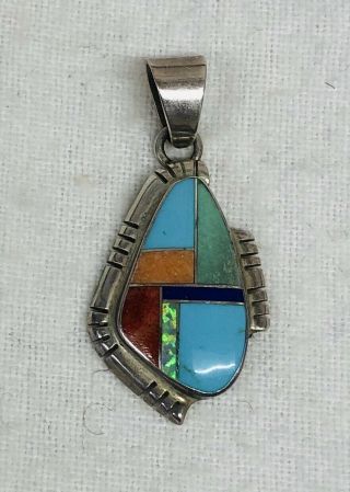 Vintage Old Pawn Sterling Silver Inlaid Stone Turquoise Opal Lapis Pendant