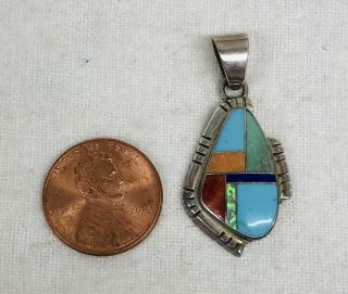 Vintage Old Pawn Sterling Silver Inlaid Stone Turquoise Opal Lapis Pendant 2
