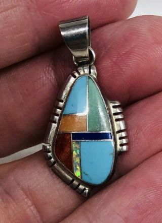 Vintage Old Pawn Sterling Silver Inlaid Stone Turquoise Opal Lapis Pendant 3