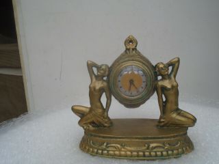 Splendid Art Deco Gold Painted Metal Mantle Clock With Nude Figures Attic Find