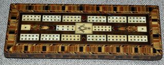 Old Antique Masonic Tunbridge Ware Cribbage Board 19th Or Early 20th Century