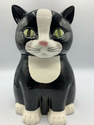 Vintage Tuxedo Cat Cookie Jar.  Black & White.  Vendor 1981.  9 1/2 In Tall.